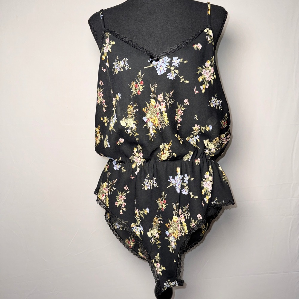 Petra Fashions Vintage Floral Teddy Bodysuit Black Lace Trim 1X Made in USA